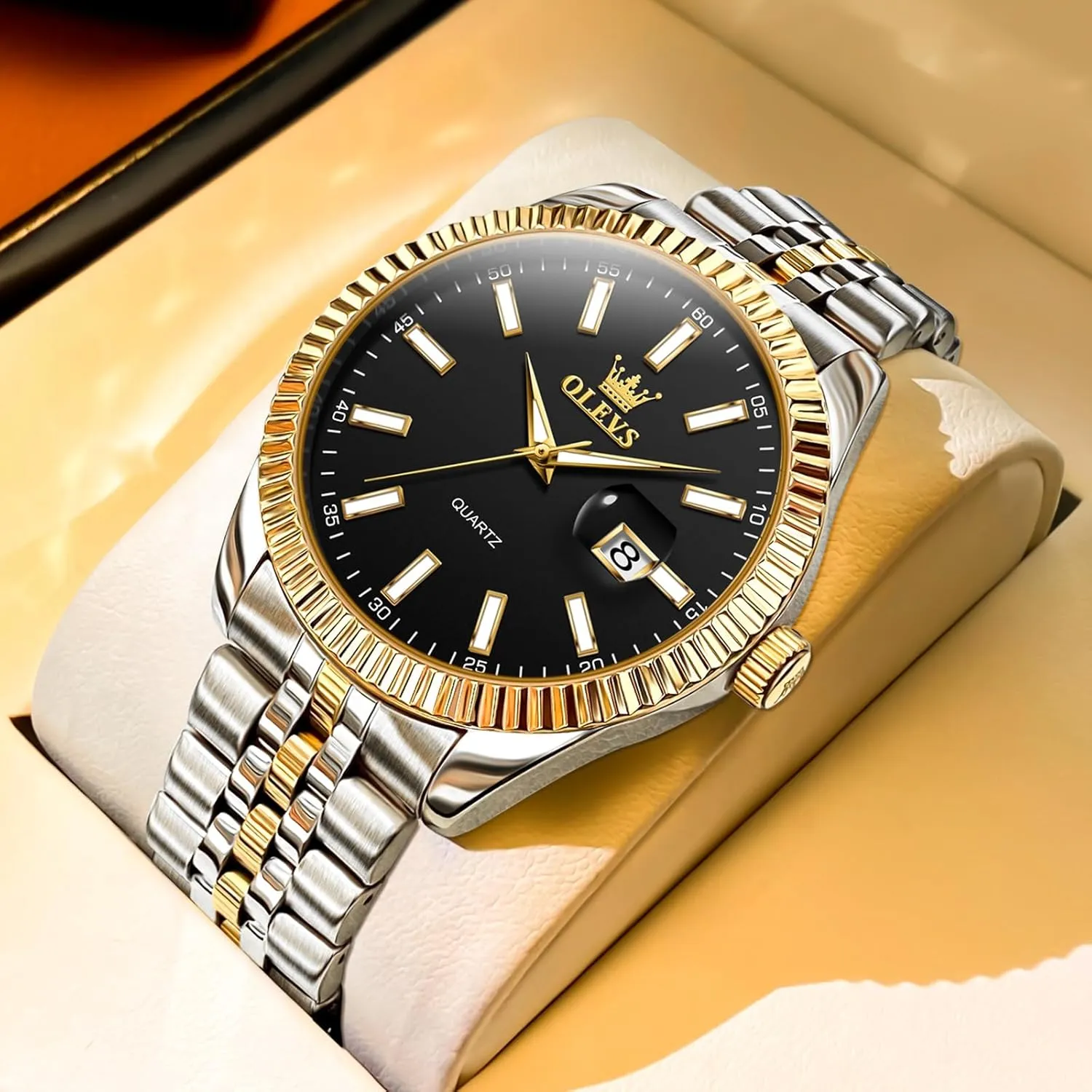Waterproof Luminous Day Date Men Wrist Watch OLEVS Men's dealer hitch Luxury Stainless Steel Watch, Big Face Gold Silver Two Tone Analog Quartz Dress Watch for Men, Casual Easy to Read 