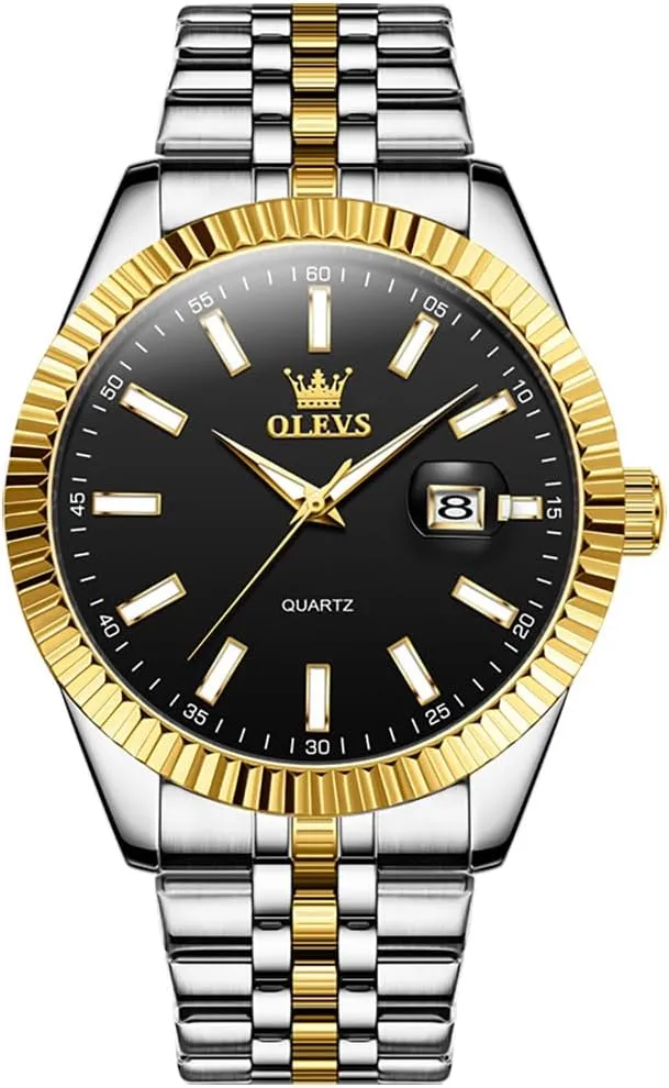 Waterproof Luminous Day Date Men Wrist Watch OLEVS Men's dealer hitch Luxury Stainless Steel Watch, Big Face Gold Silver Two Tone Analog Quartz Dress Watch for Men, Casual Easy to Read 