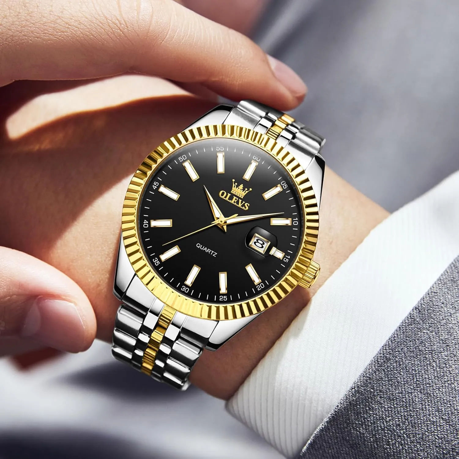 Waterproof Luminous Day Date Men Wrist Watch OLEVS Men's dealer hitch Luxury Stainless Steel Watch, Big Face Gold Silver Two Tone Analog Quartz Dress Watch for Men, Casual Easy to Read 