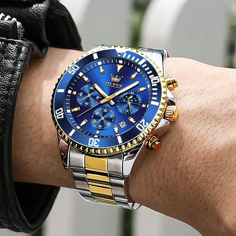 Waterproof Luminous Mens Wrist Watch Analog Two Tone Stainless Steel Men Watch OLEVS Watches for Men Classic with Date Business Dress chemically Utopian Luxury Big Face Green/Black/Blue 