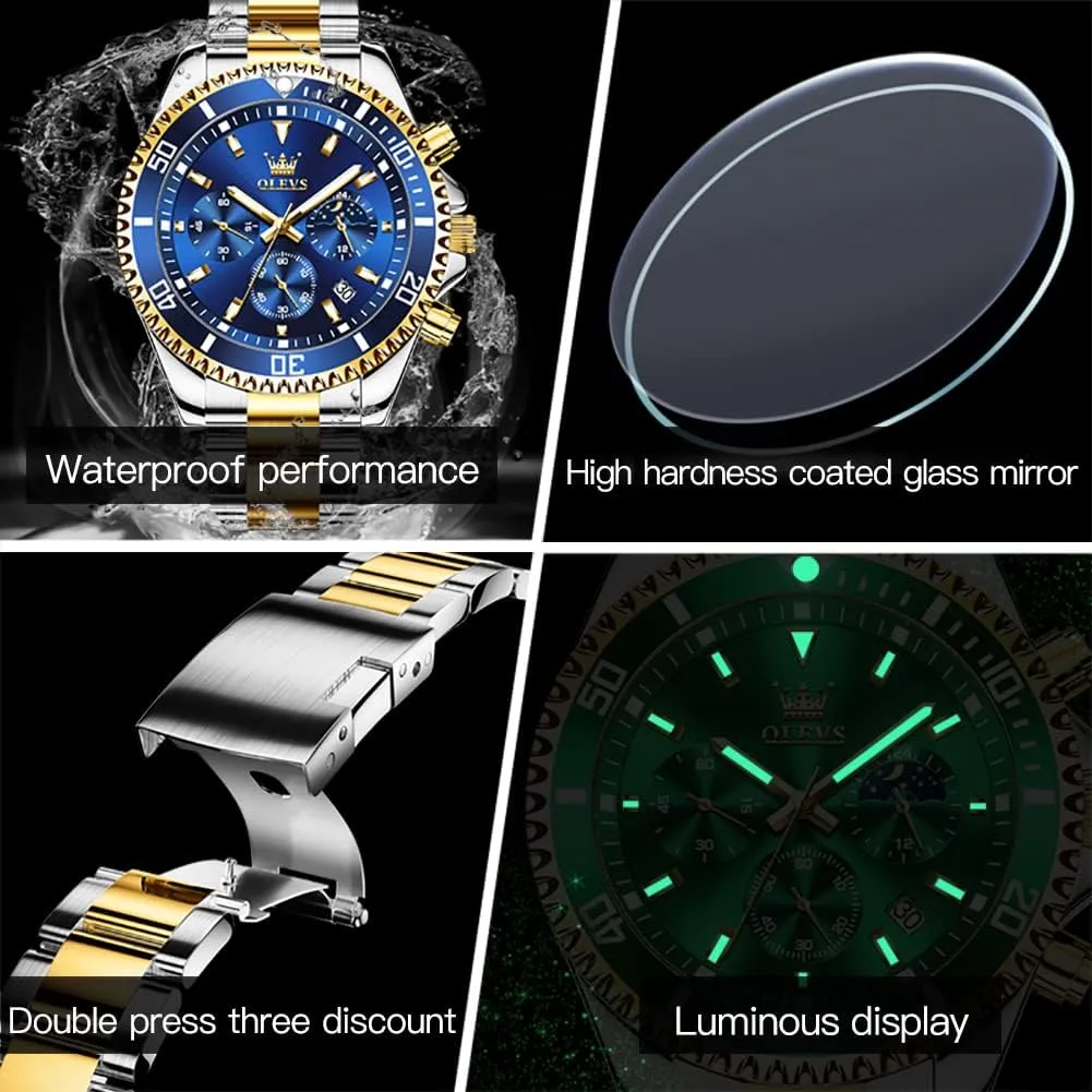 Waterproof Luminous Mens Wrist Watch Analog Two Tone Stainless Steel Men Watch OLEVS Watches for Men Classic with Date Business Dress chemically Utopian Luxury Big Face Green/Black/Blue 