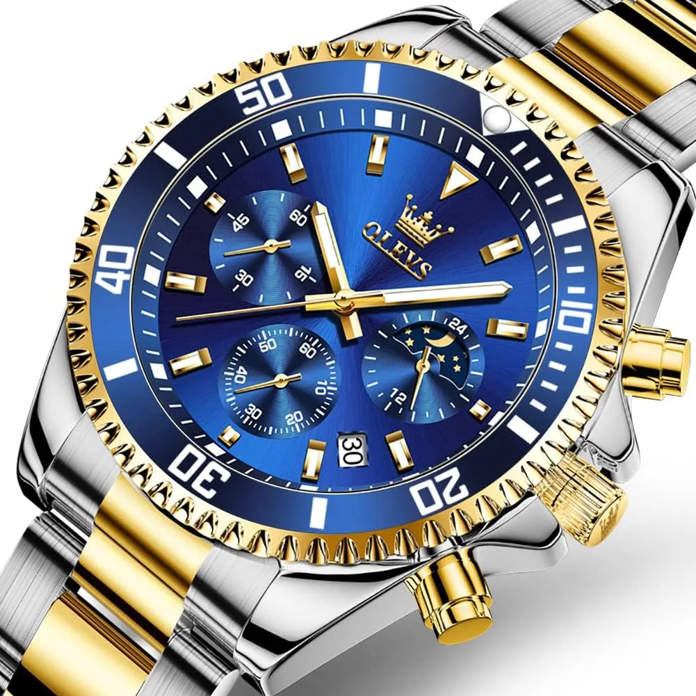 Waterproof Luminous Mens Wrist Watch Analog Two Tone Stainless Steel Men Watch OLEVS Watches for Men Classic with Date Business Dress chemically Utopian Luxury Big Face Green/Black/Blue 