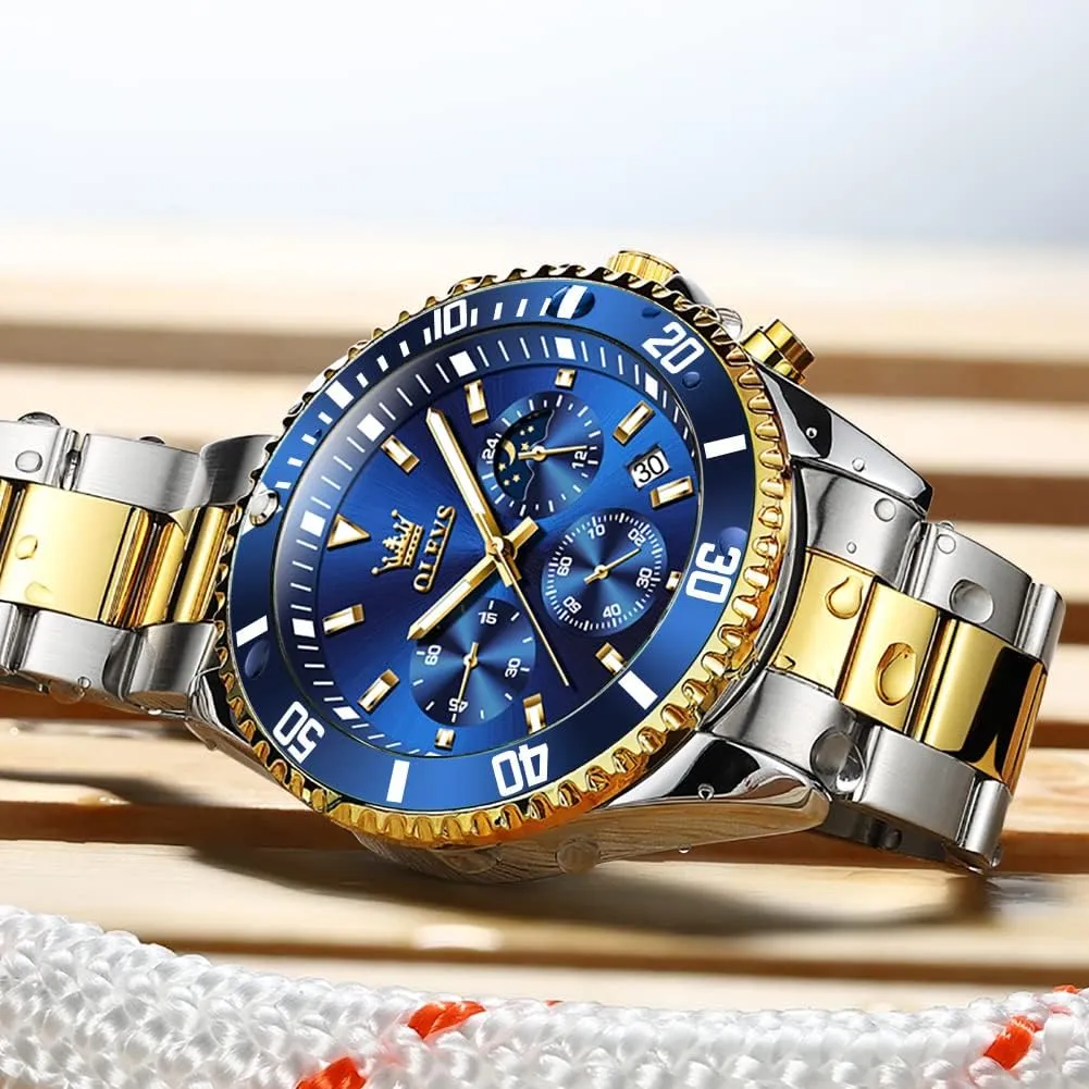 Waterproof Luminous Mens Wrist Watch Analog Two Tone Stainless Steel Men Watch OLEVS Watches for Men Classic with Date Business Dress chemically Utopian Luxury Big Face Green/Black/Blue 