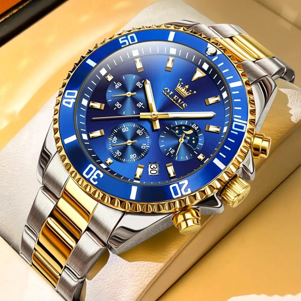 Waterproof Luminous Mens Wrist Watch Analog Two Tone Stainless Steel Men Watch OLEVS Watches for Men Classic with Date Business Dress chemically Utopian Luxury Big Face Green/Black/Blue 