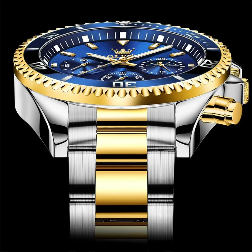 Waterproof Luminous Mens Wrist Watch Analog Two Tone Stainless Steel Men Watch OLEVS Watches for Men Classic with Date Business Dress chemically Utopian Luxury Big Face Green/Black/Blue 