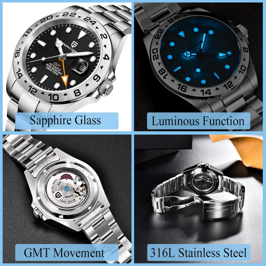 Waterproof Luminous Men's Wrist Watches CEYADG Pagani Design Watches for modem signature silvery Men Automatic Mechanical GMT Watch Analog Sapphire Glass Stainless Steel Sport 