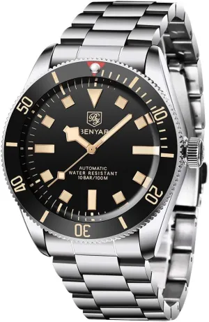 Waterproof Mechanical Watch automatic gallery mosaic shoreline BENYAR Men's Automatic Watch, Stainless Steel Belt One-way Aluminum Bezel Fashion Casual 