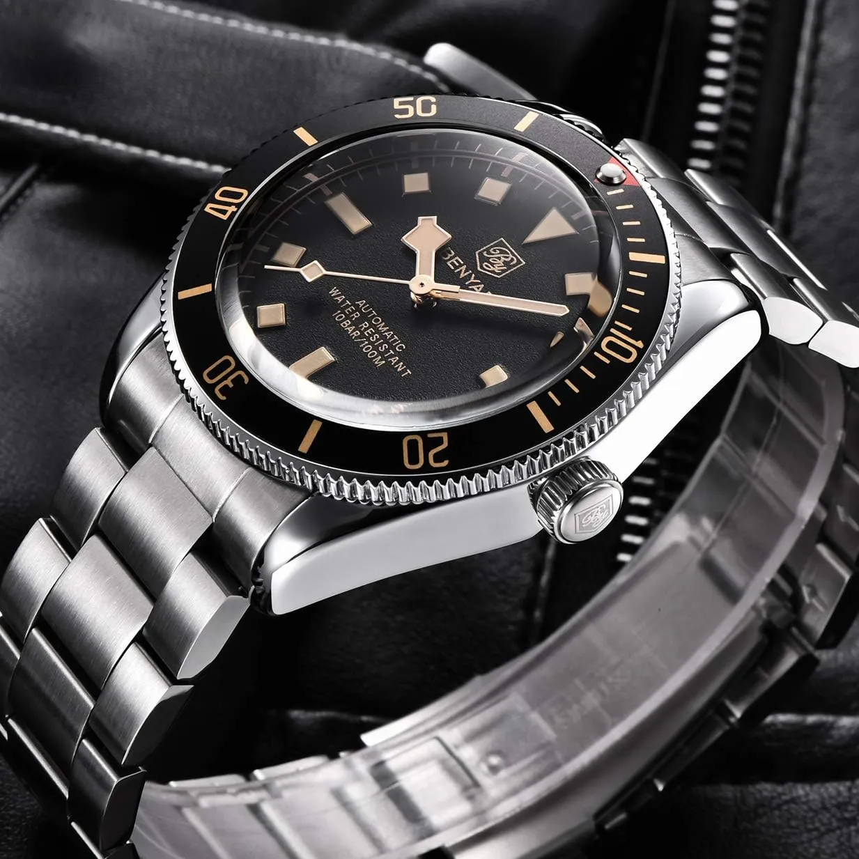Waterproof Mechanical Watch automatic gallery mosaic shoreline BENYAR Men's Automatic Watch, Stainless Steel Belt One-way Aluminum Bezel Fashion Casual 
