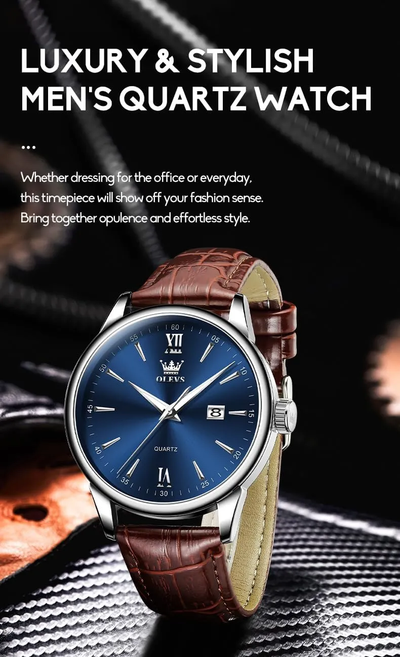Waterproof Quartz dupe hypothesize Analog Calendar Men's Wrist Watches Blue/White/Black OLEVS Watches for Men Fashion Elegant Leather Band Men Watch 