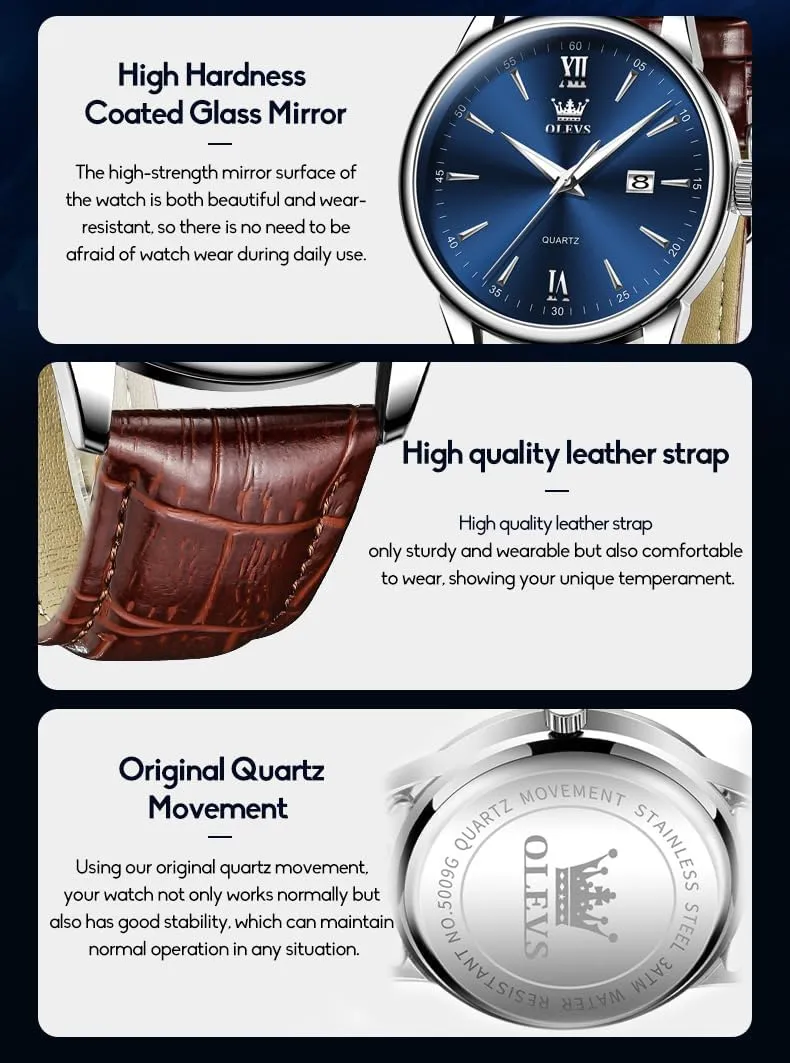 Waterproof Quartz dupe hypothesize Analog Calendar Men's Wrist Watches Blue/White/Black OLEVS Watches for Men Fashion Elegant Leather Band Men Watch 
