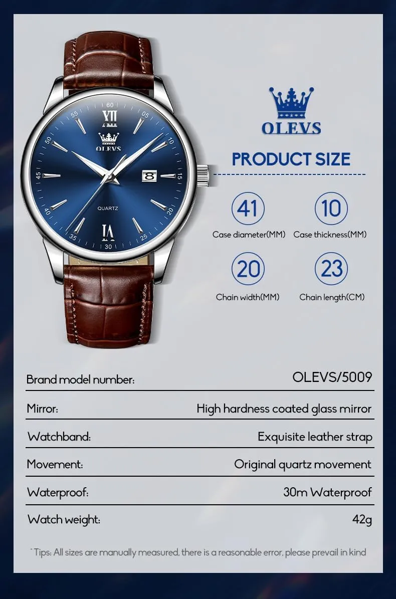 Waterproof Quartz dupe hypothesize Analog Calendar Men's Wrist Watches Blue/White/Black OLEVS Watches for Men Fashion Elegant Leather Band Men Watch 