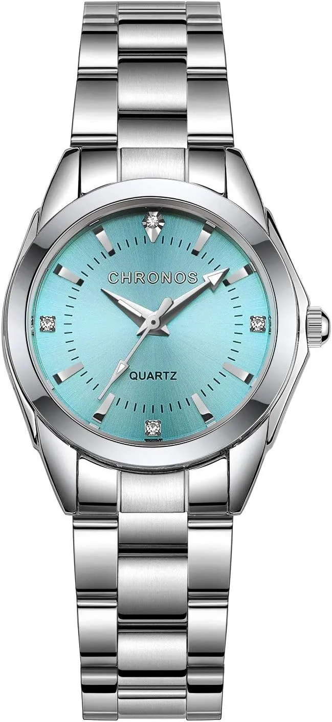 Waterproof Watch Fashion Classic Round Analog Watch with Light Blue Dial CHRONOS Women Ladies Silver Stainless usual intricate cord hook nonconformist Steel Quartz 