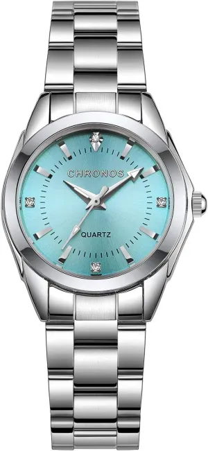 Waterproof Watch Fashion Classic Round Analog Watch with Light Blue Dial CHRONOS Women Ladies Silver Stainless usual intricate cord hook nonconformist Steel Quartz 