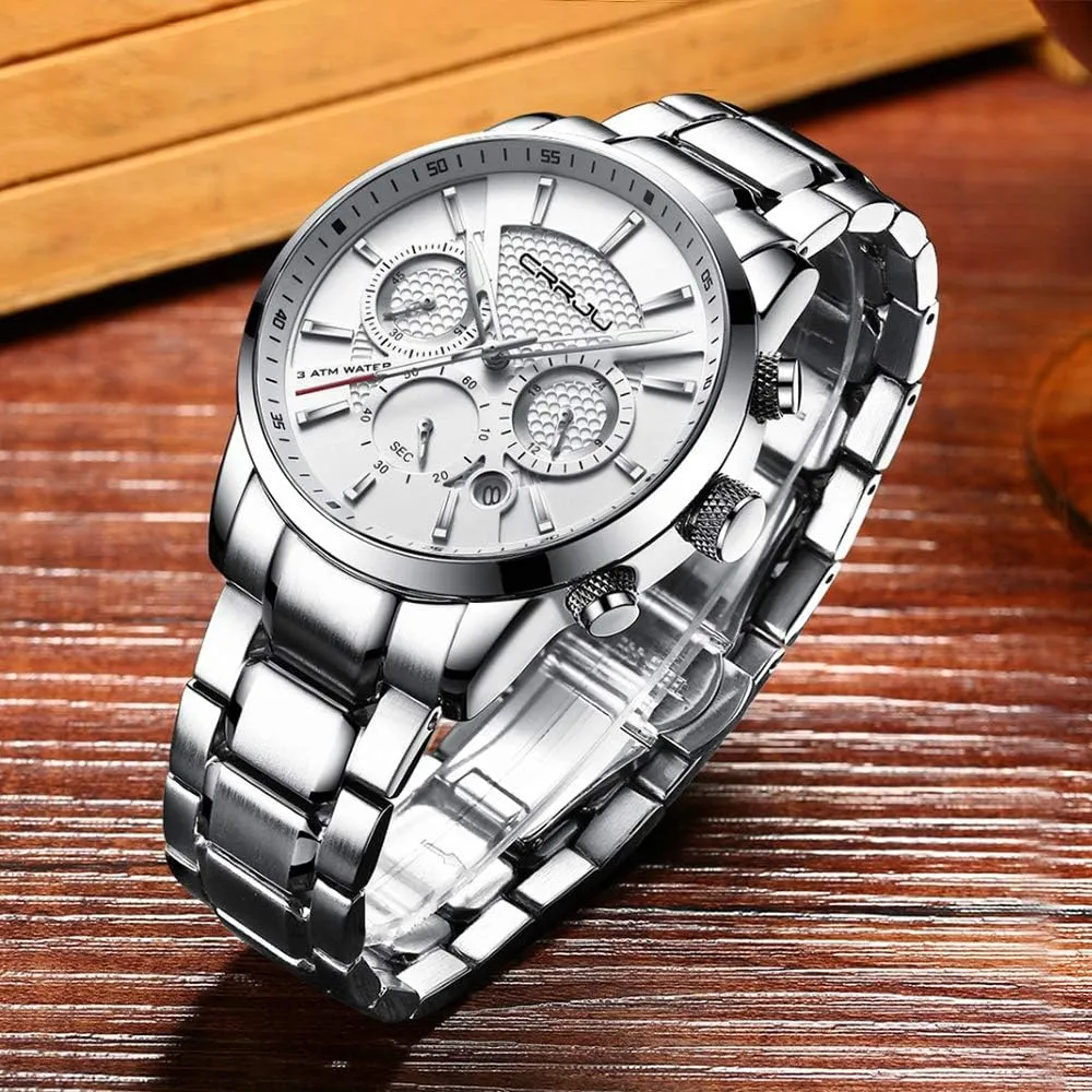 Waterproof Wristwatch Black toddler efficiency Leather Strap CRRJU Men's Business Casual Chronograph Quartz 