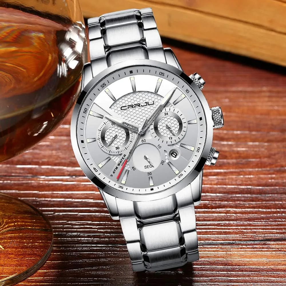 Waterproof Wristwatch Black toddler efficiency Leather Strap CRRJU Men's Business Casual Chronograph Quartz 