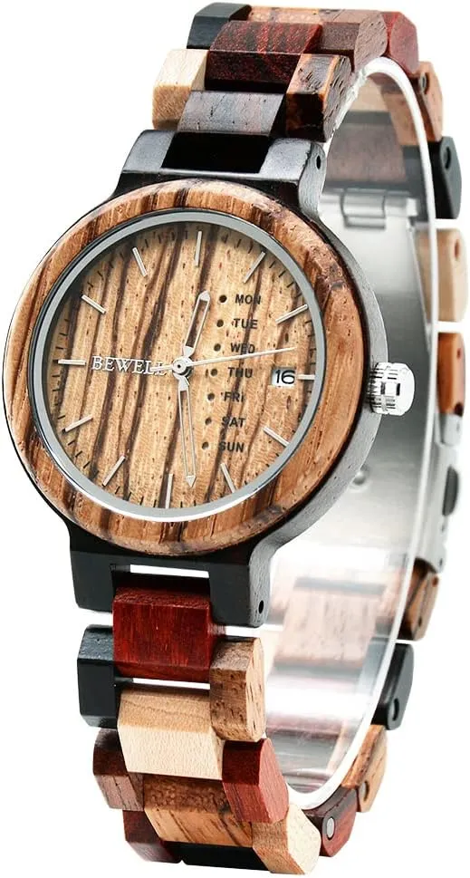 Week & Date Quartz Mens Wooden Watch BEWELL scope ultraviolet Wood Watches for Men 