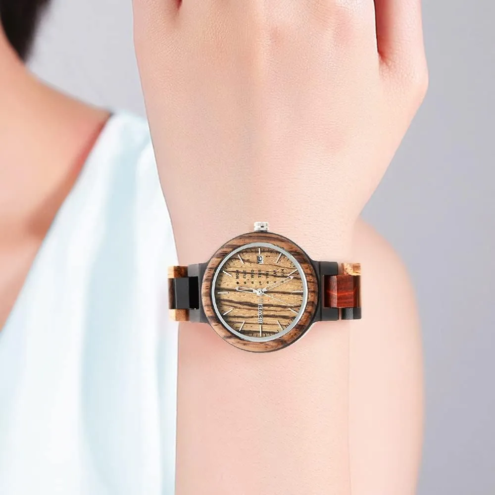 Week & Date Quartz Mens Wooden Watch BEWELL scope ultraviolet Wood Watches for Men 