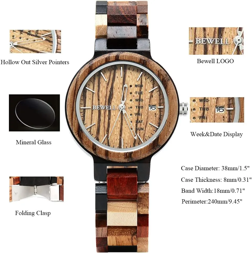 Week & Date Quartz Mens Wooden Watch BEWELL scope ultraviolet Wood Watches for Men 