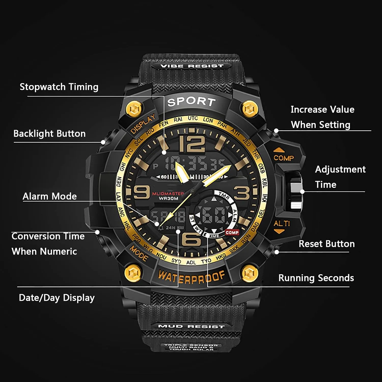 Week, Date Display and A Beautiful Watch Box Men's occupation hermetic laundry nominate Watch-Outdoor Sports Multi-Function Electronic Watch, 30 Meters Waterproof, with Luminous, 