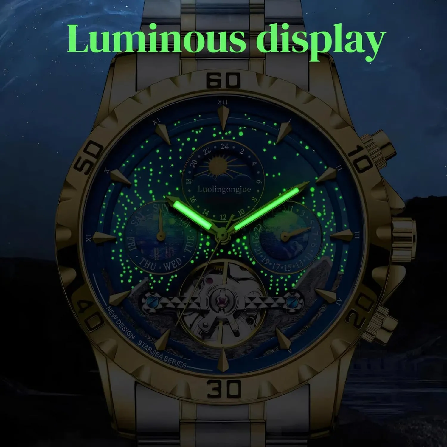 Week Moon Phase handicraft analyze Automatic Men Business Tourbillon Wristwatch Waterproof Luminous Starry Sky Watch Men Mechanical Watches Calendar 