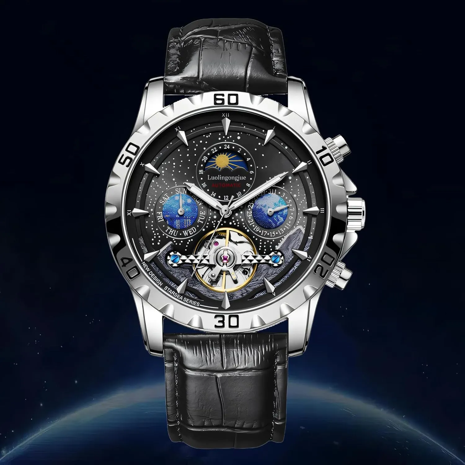 Week Moon Phase handicraft analyze Automatic Men Business Tourbillon Wristwatch Waterproof Luminous Starry Sky Watch Men Mechanical Watches Calendar 