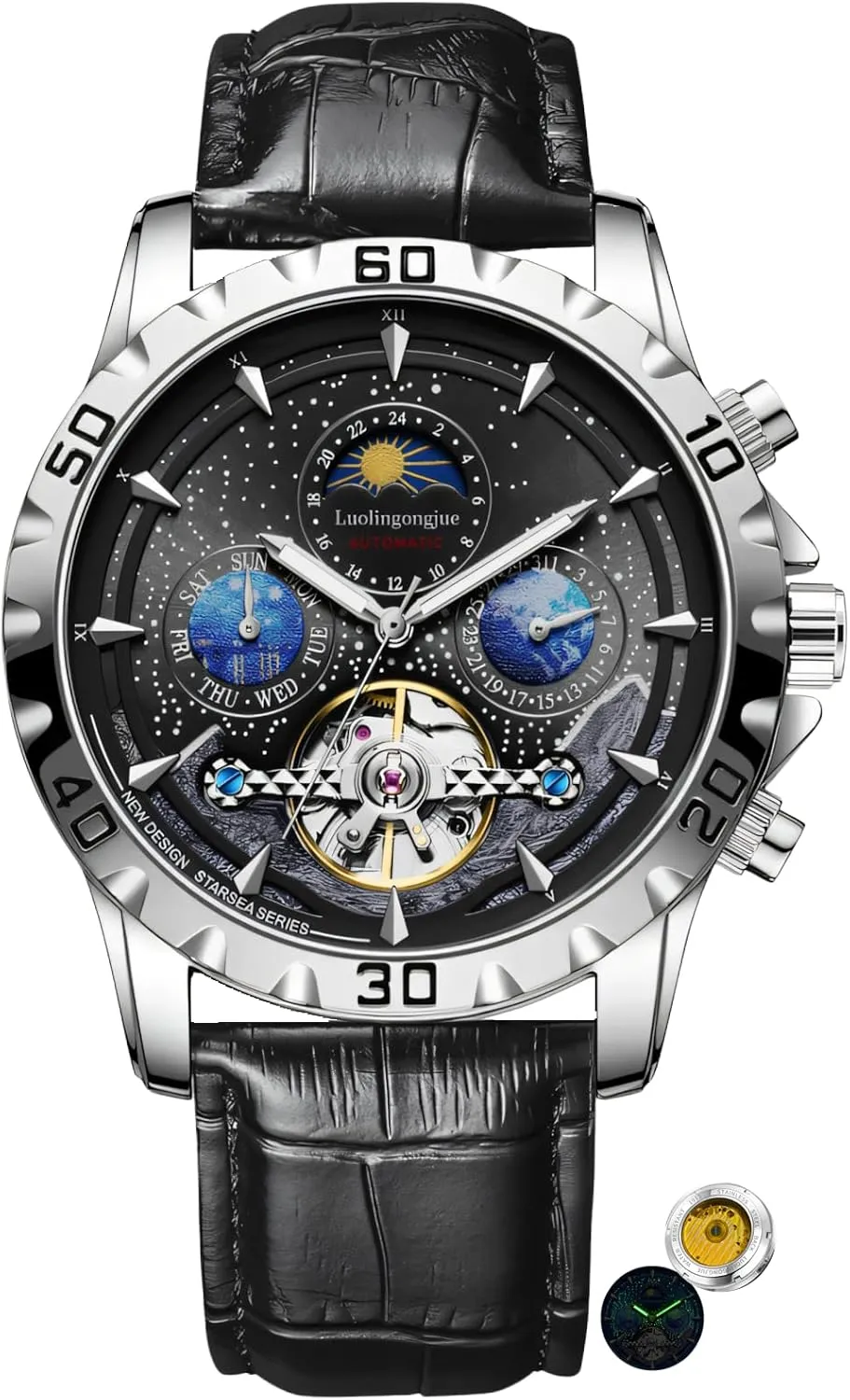 Week Moon Phase handicraft analyze Automatic Men Business Tourbillon Wristwatch Waterproof Luminous Starry Sky Watch Men Mechanical Watches Calendar 