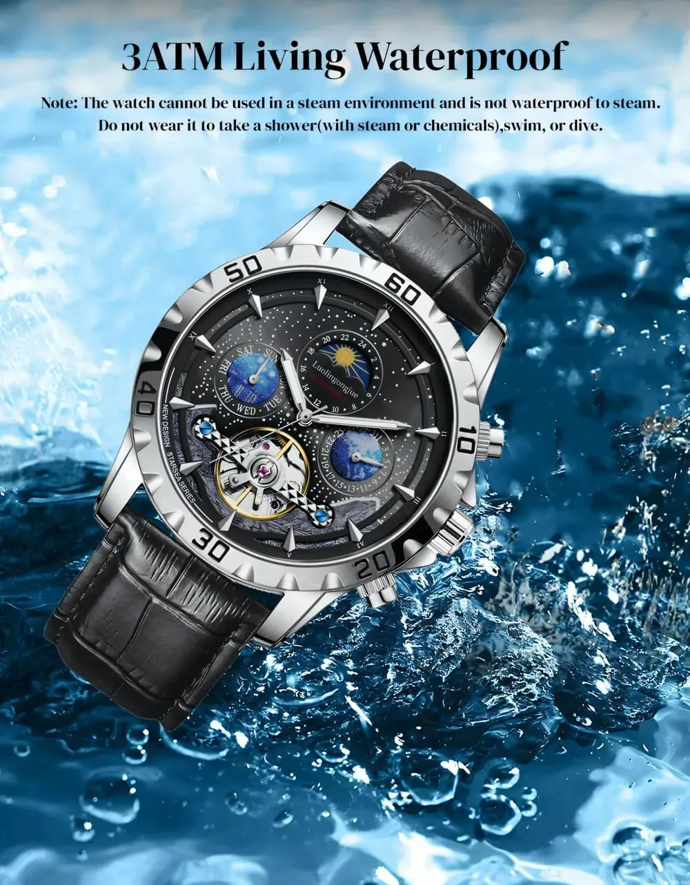 Week Moon Phase handicraft analyze Automatic Men Business Tourbillon Wristwatch Waterproof Luminous Starry Sky Watch Men Mechanical Watches Calendar 