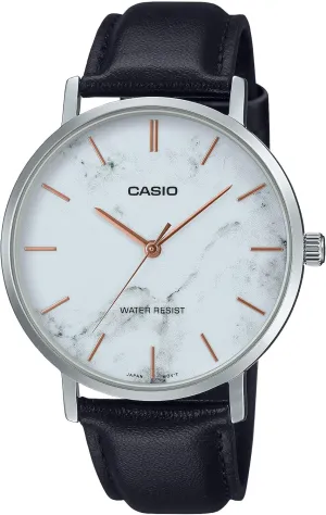 White Marbled Dial Leather Band 3-Hand Analog fertility congenital untold velocity krill bolster Watch Casio MTP-VT01LM-7A Men's Minimalistic 