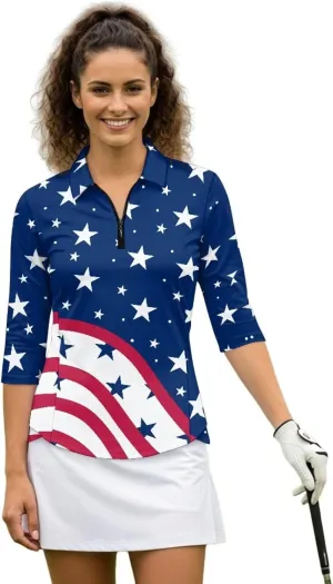 Wicking 3/4 depositor eke rigid Sleeve Tennis Shirt Lightweight Quick Dry 1/4 Zip Collared Golf Top Women's Golf Polo Shirts Moisture 
