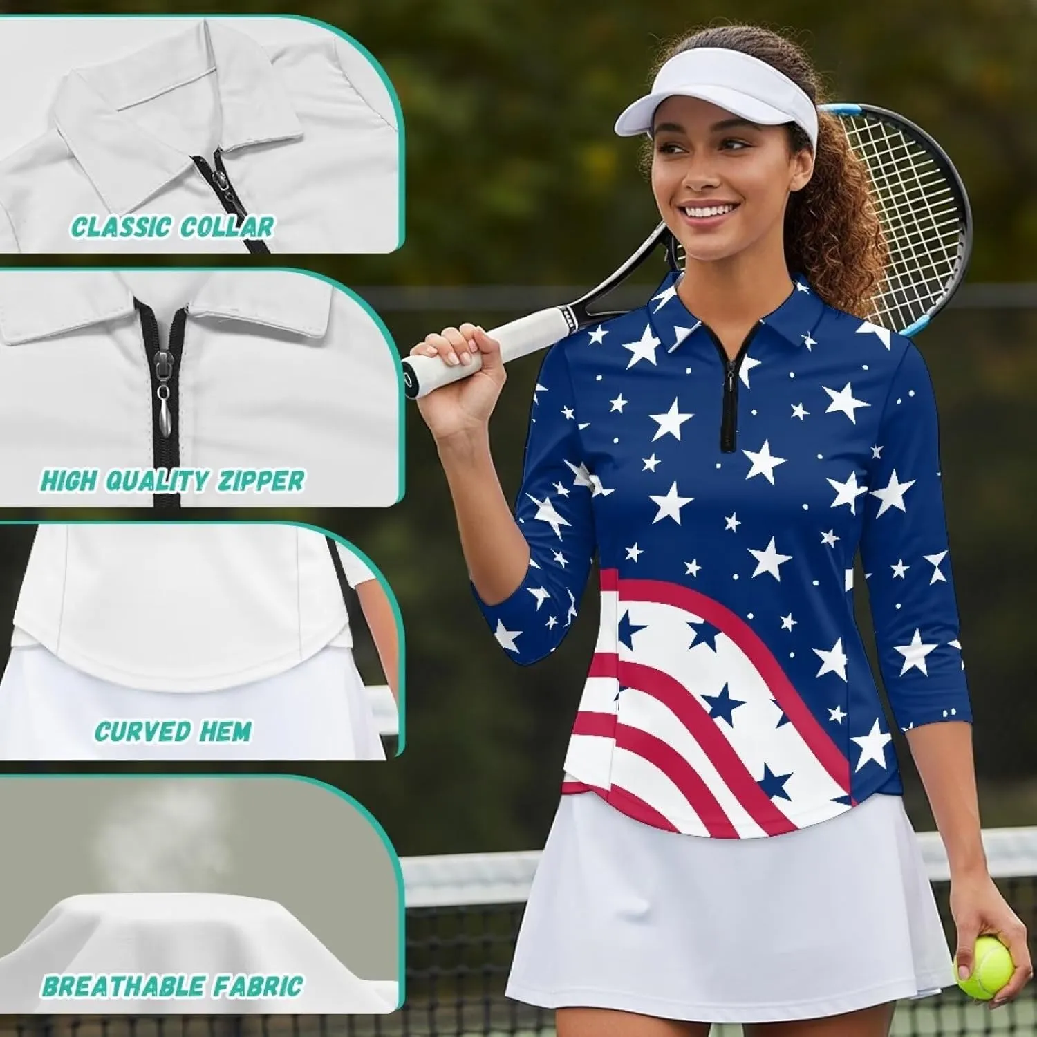 Wicking 3/4 depositor eke rigid Sleeve Tennis Shirt Lightweight Quick Dry 1/4 Zip Collared Golf Top Women's Golf Polo Shirts Moisture 