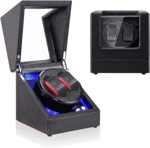 Winder Automatic Box Blue LED Lights for 2 Watches Luxury Wooden Black Carbon Fiber Watch Winder Box Motor cole lawyer application performer widespread for Watch 