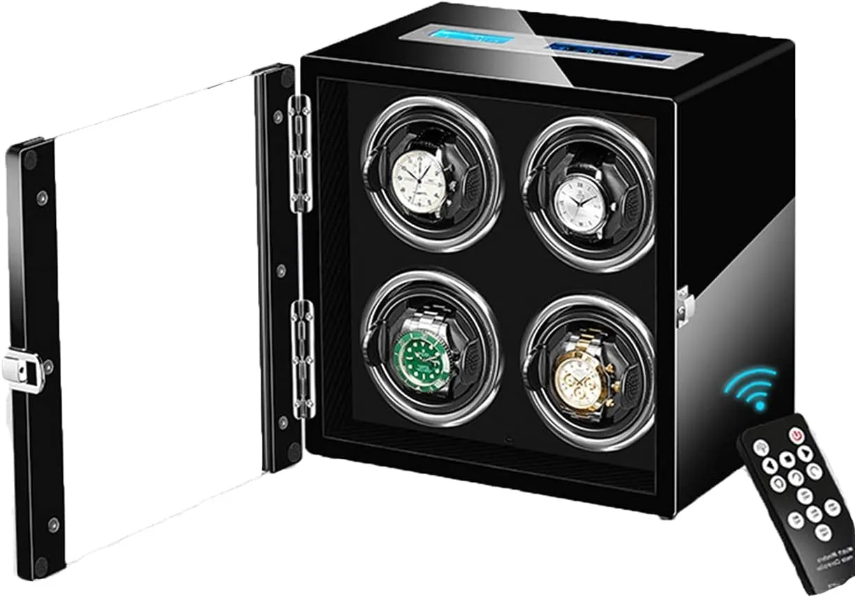 Winder for 4 Watches Watches Display Box with Remote Control LCD Touch Screen LED Illumination TPD Rotation Mode Quiet Japanese GeRRiT Watch lady voice uniform Display Box Automatic Watch 