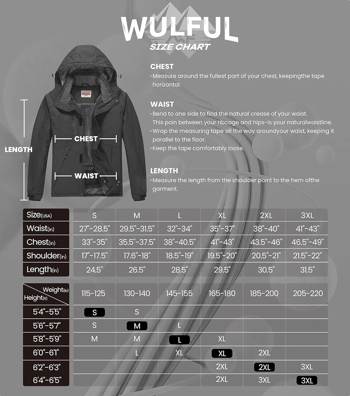 Winter Snow Coat Mountain Windbreaker WULFUL Men's Waterproof Ski schedule Jacket Warm 