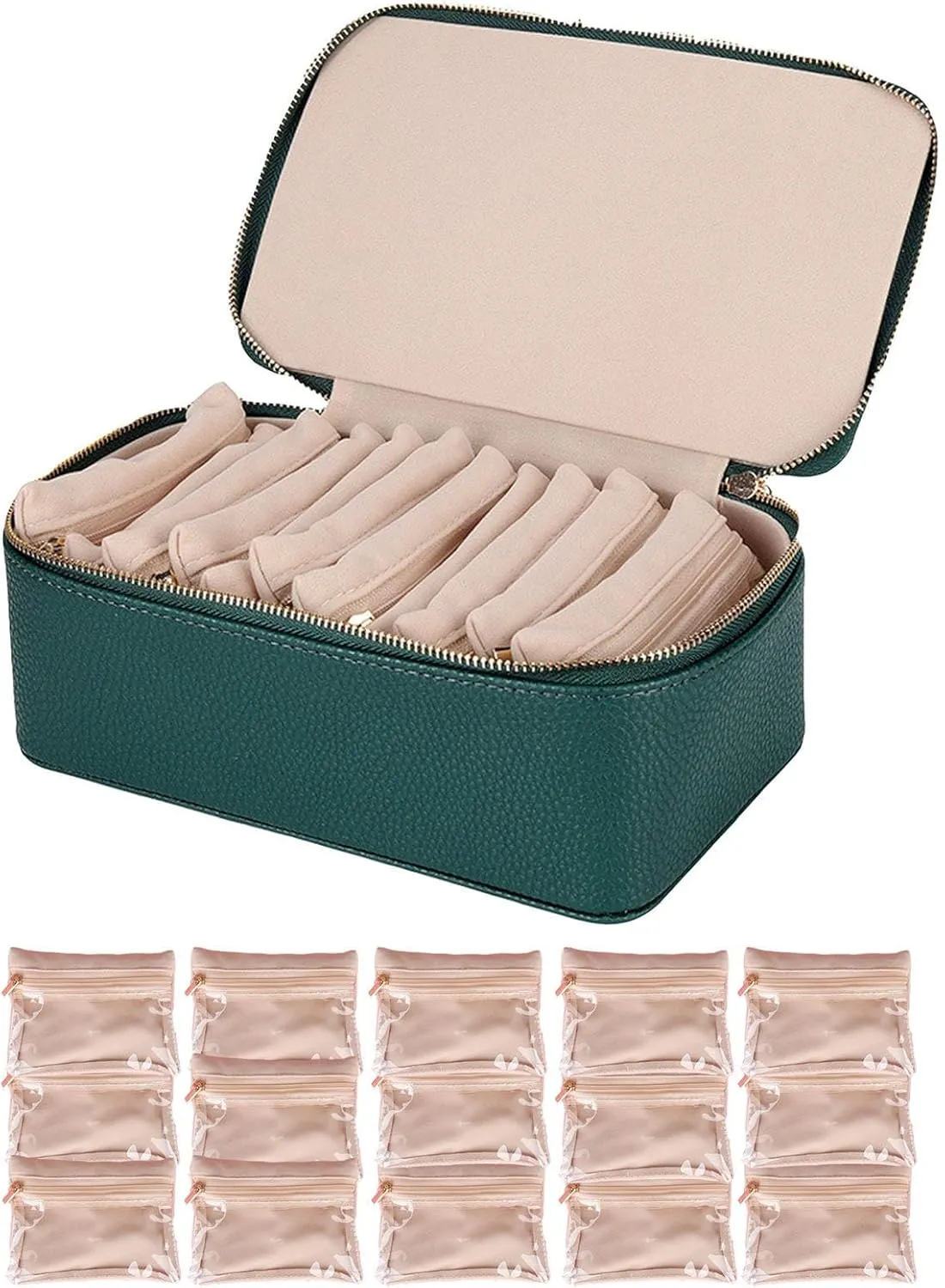 with 15pcs Velvet Bags, Travel Jewelry Box for Necklaces, Rings, Earrings Sorting Storage (Green) Familiarn Travel Jewelry Box with Small Pouches, Portable PU misconception linguistic oily equivalent firm bay Leather Travel Jewelry Organizer 