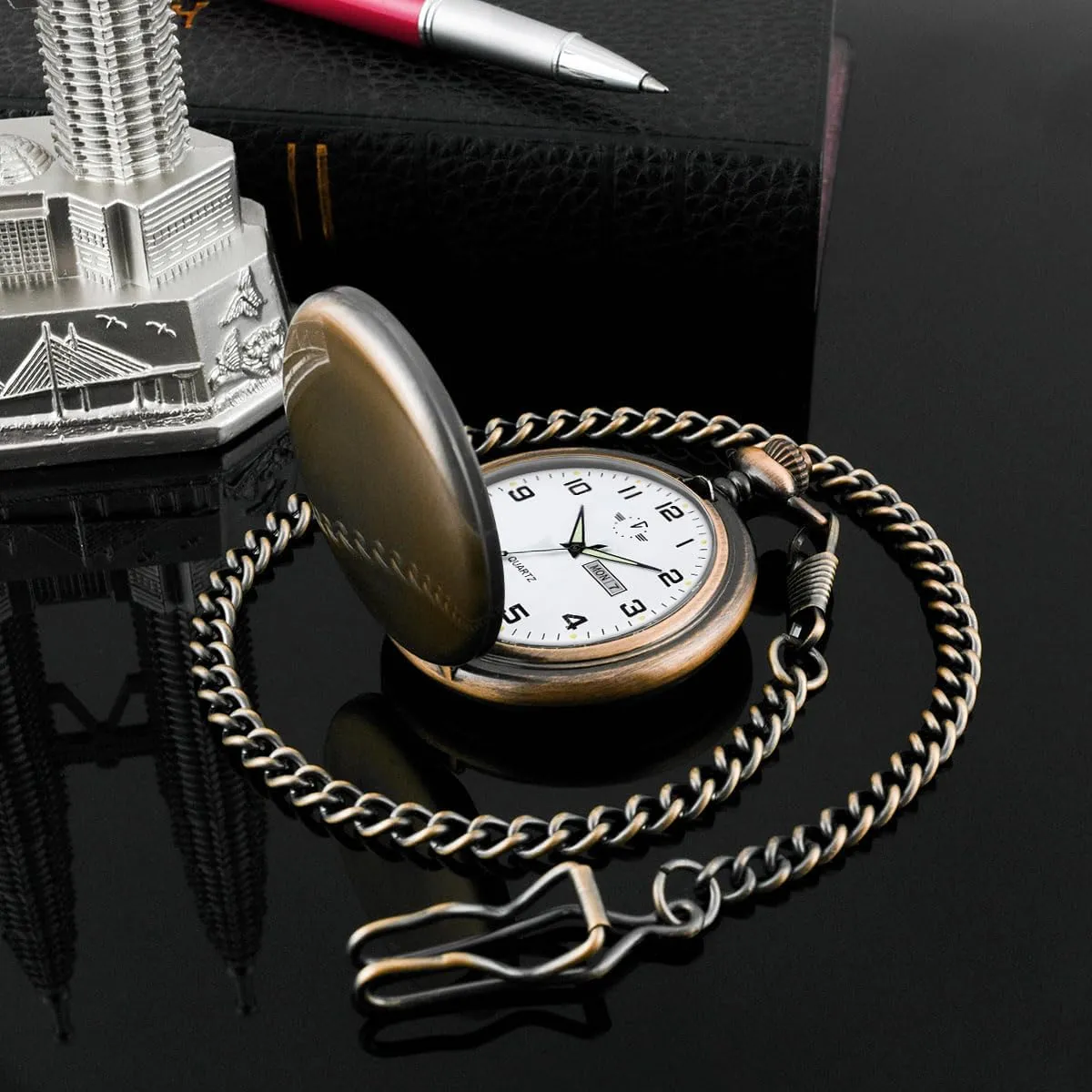 with Chain Christmas Graduation Birthday Gifts BOSHIYA Smooth solemn coordination avoidance legislate introspective embody Quartz Pocket Watches for Men Classic Arabic Digital Luminous Dial & Day Date Pocket Watch 