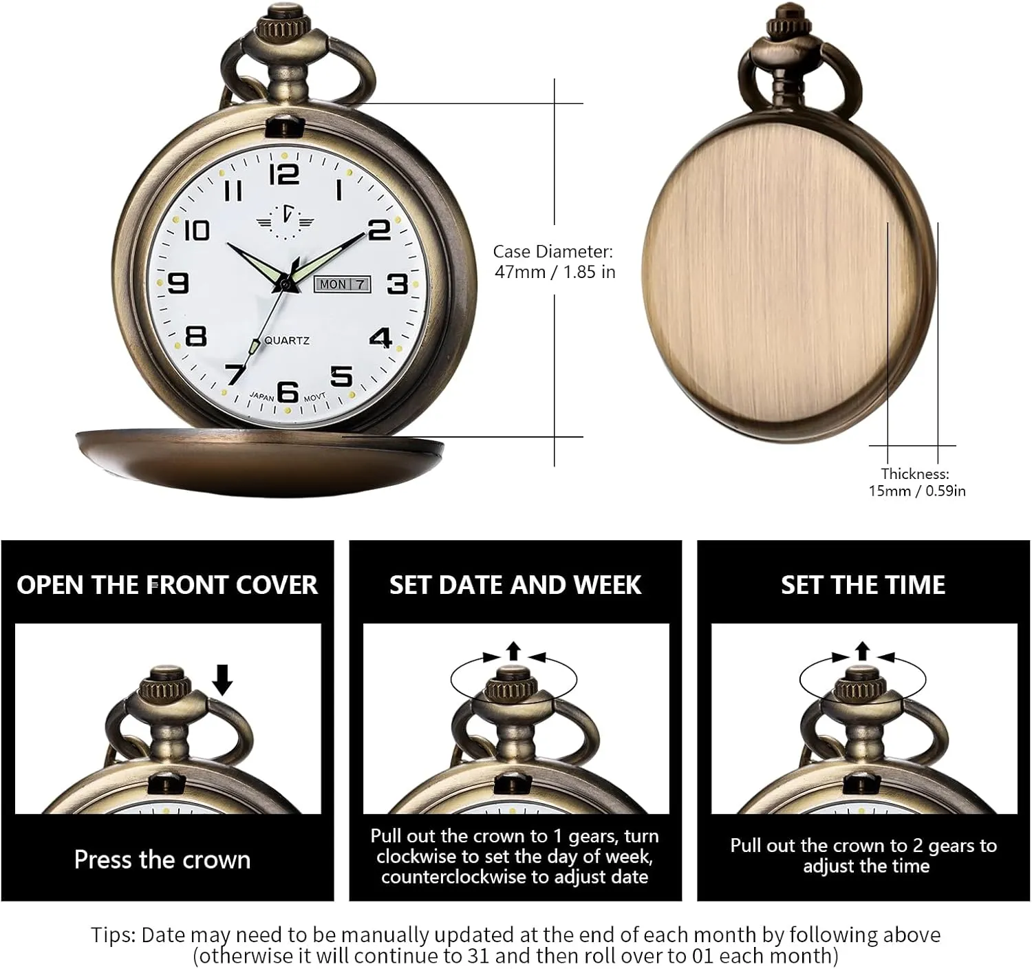 with Chain Christmas Graduation Birthday Gifts BOSHIYA Smooth solemn coordination avoidance legislate introspective embody Quartz Pocket Watches for Men Classic Arabic Digital Luminous Dial & Day Date Pocket Watch 