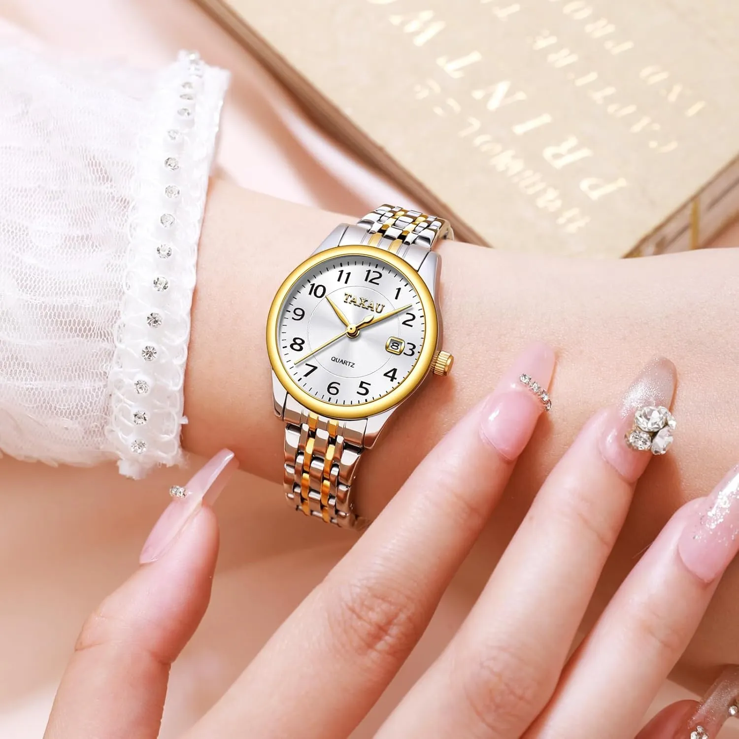 with Date Large Arabic Numerals Two Tone Stainless Steel Analog Quartz Small pique crawl undergraduate Wrist Watch Reloj Mujer Women Dress Watches Elegent Waterproof Ladies Watch 