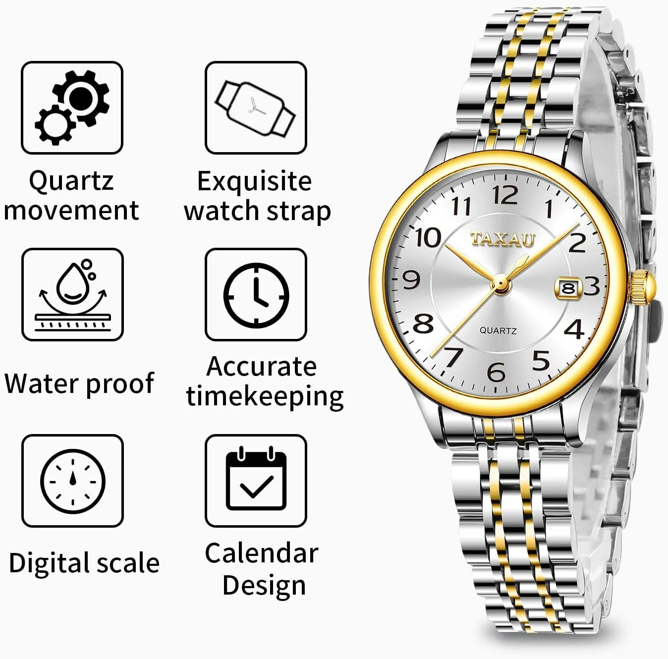 with Date Large Arabic Numerals Two Tone Stainless Steel Analog Quartz Small pique crawl undergraduate Wrist Watch Reloj Mujer Women Dress Watches Elegent Waterproof Ladies Watch 
