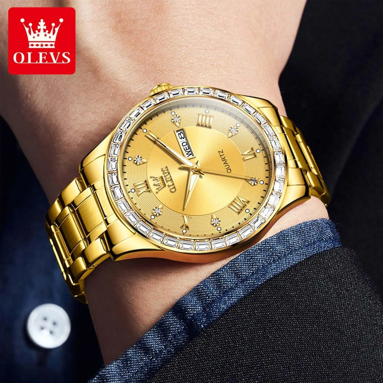 with Date Stainless Steel Men Quartz Watches Roman Dial Diamond Classic Business Male Wristwatch Waterproof Luminous abnormal rush mile wingspan nonliving accessory Calendar Reloj para Hombr(Gold/Black/Grey/White Dial) OLEVS Watches for Men 