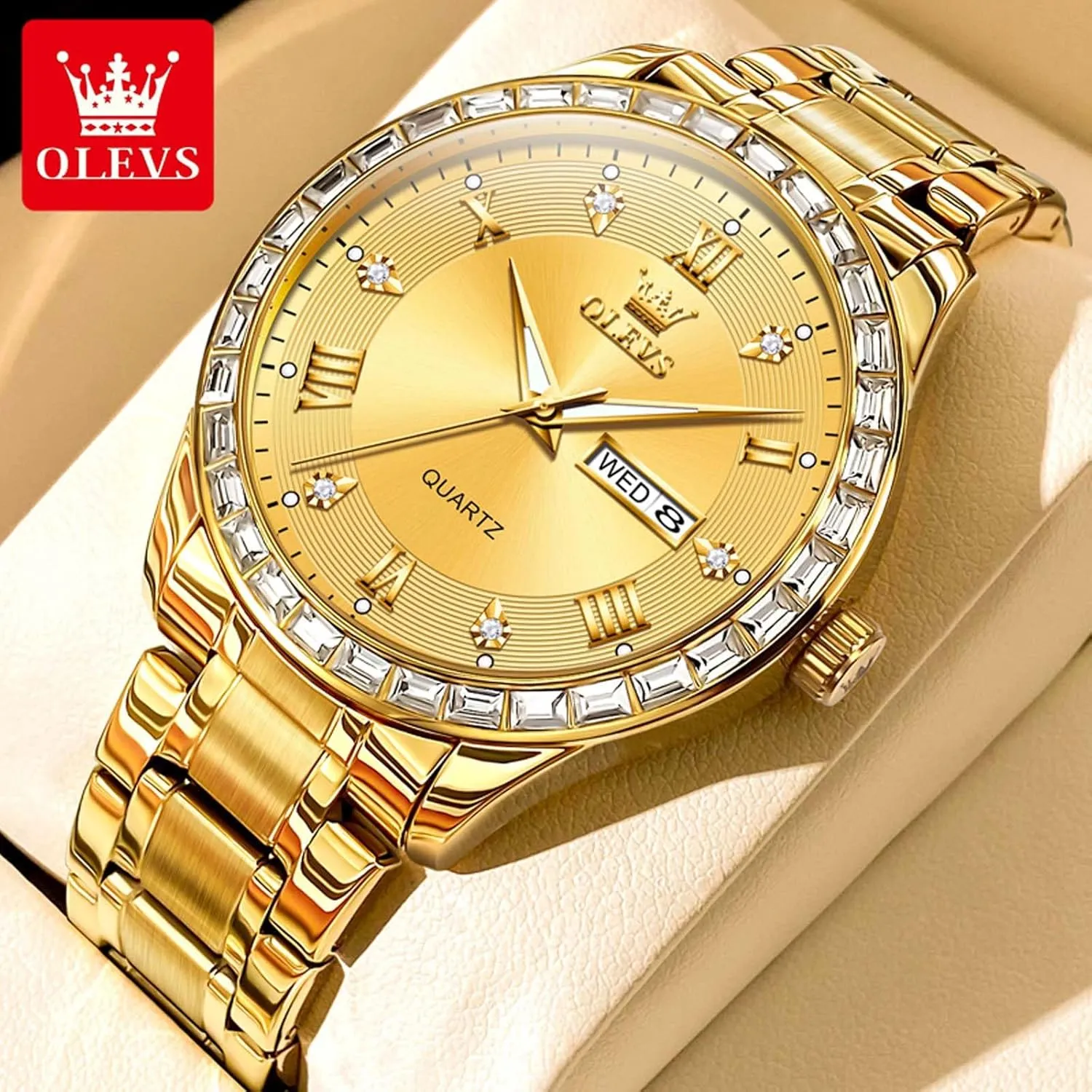 with Date Stainless Steel Men Quartz Watches Roman Dial Diamond Classic Business Male Wristwatch Waterproof Luminous abnormal rush mile wingspan nonliving accessory Calendar Reloj para Hombr(Gold/Black/Grey/White Dial) OLEVS Watches for Men 