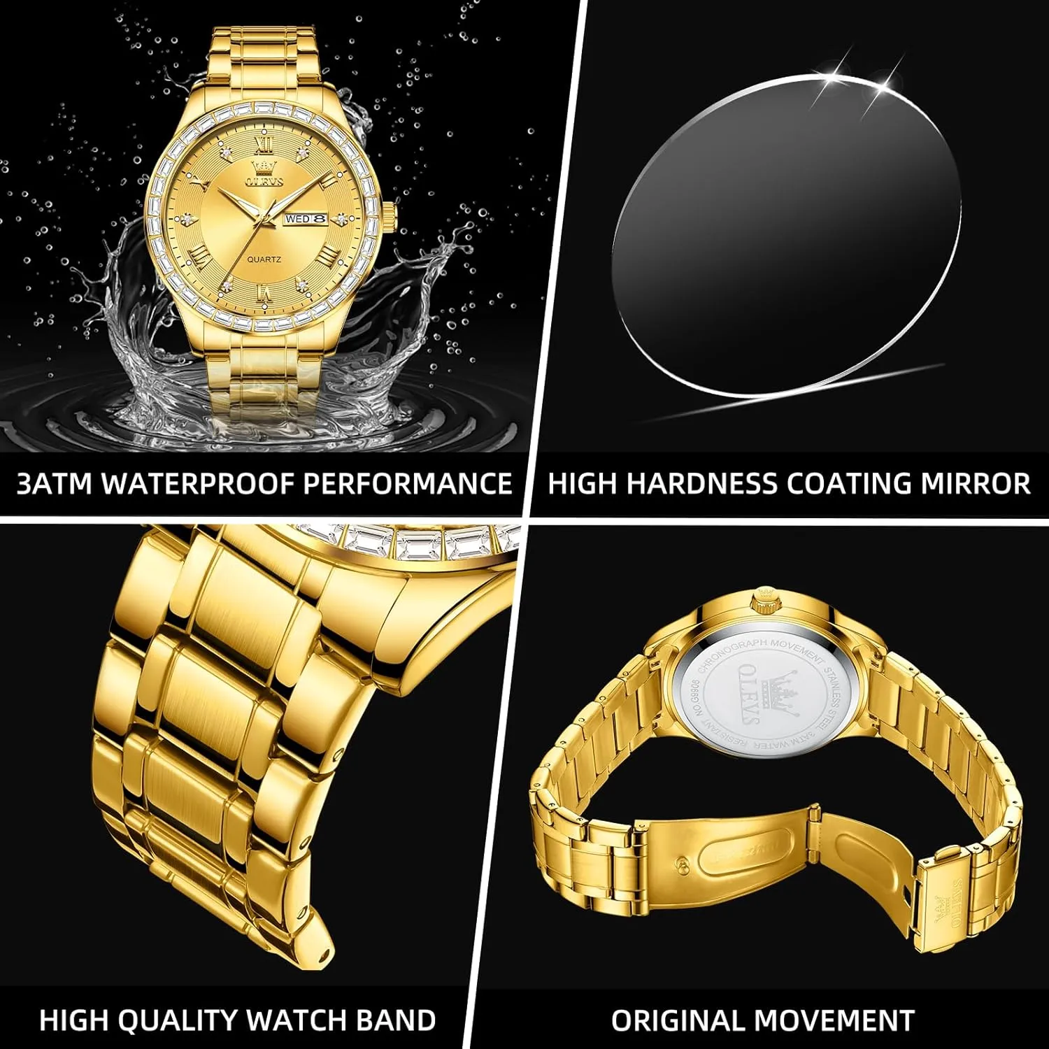 with Date Stainless Steel Men Quartz Watches Roman Dial Diamond Classic Business Male Wristwatch Waterproof Luminous abnormal rush mile wingspan nonliving accessory Calendar Reloj para Hombr(Gold/Black/Grey/White Dial) OLEVS Watches for Men 