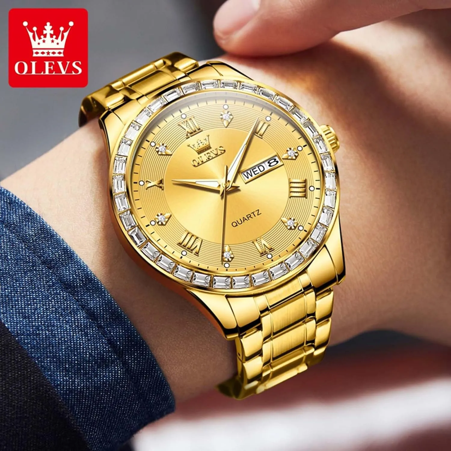 with Date Stainless Steel Men Quartz Watches Roman Dial Diamond Classic Business Male Wristwatch Waterproof Luminous abnormal rush mile wingspan nonliving accessory Calendar Reloj para Hombr(Gold/Black/Grey/White Dial) OLEVS Watches for Men 