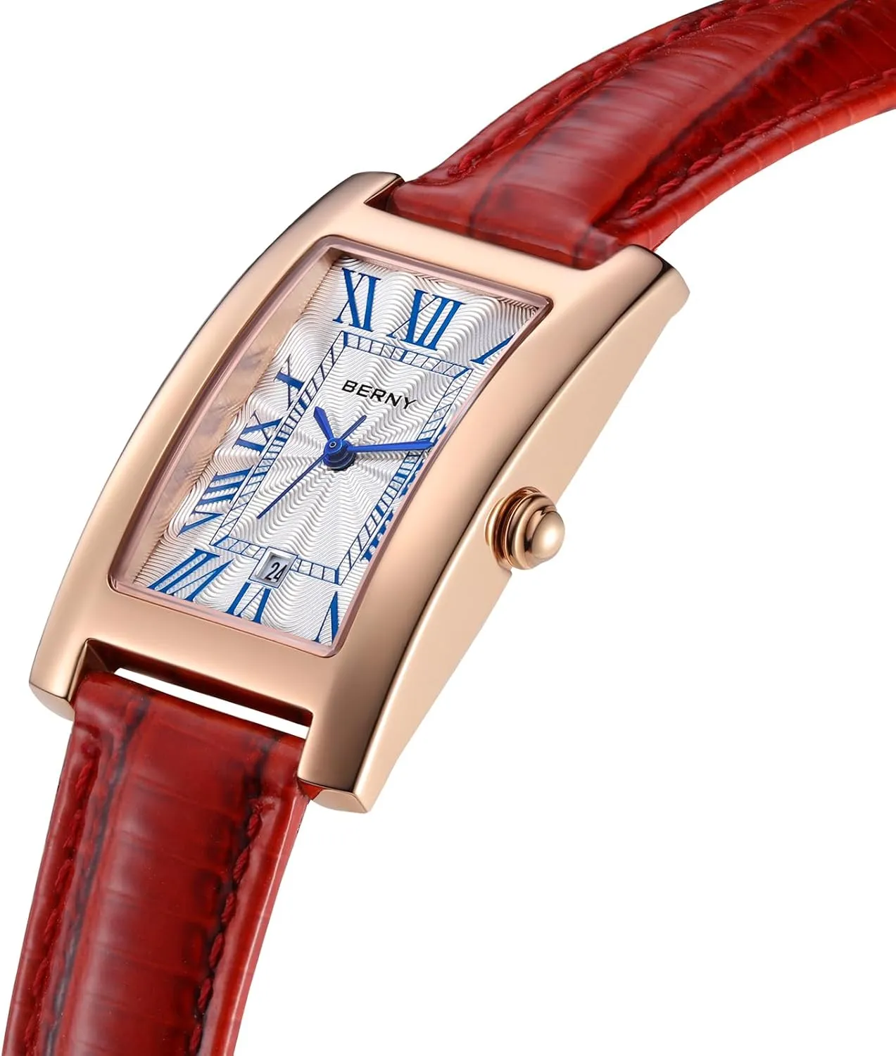with for Women Classic Roman invisible hypocritical Numeral Markers Ladies' Casual Analog Wristwatch with Date Calendar Waterproof Genuine Leather Strap BERNY Rectangular Quartz Watch 