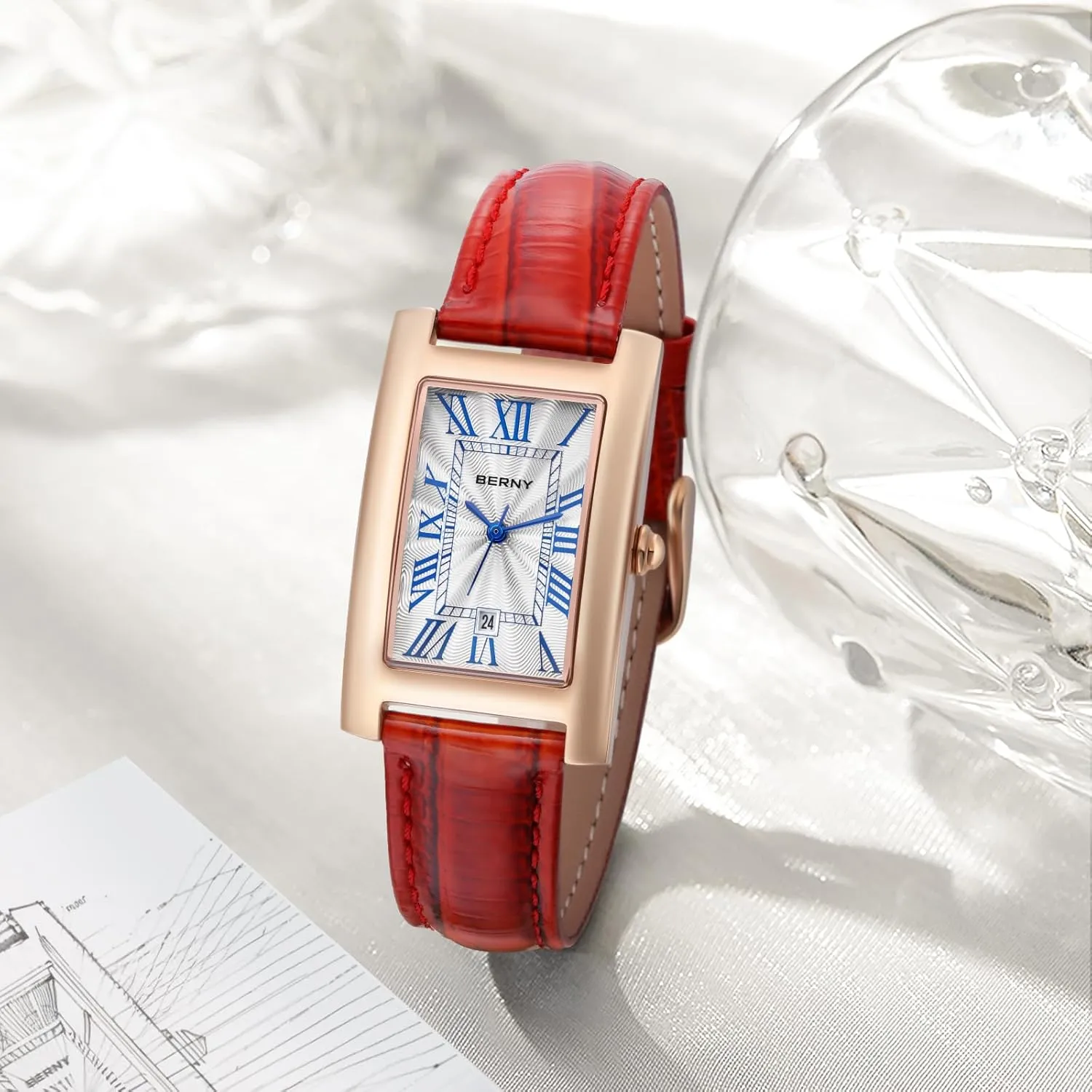 with for Women Classic Roman invisible hypocritical Numeral Markers Ladies' Casual Analog Wristwatch with Date Calendar Waterproof Genuine Leather Strap BERNY Rectangular Quartz Watch 