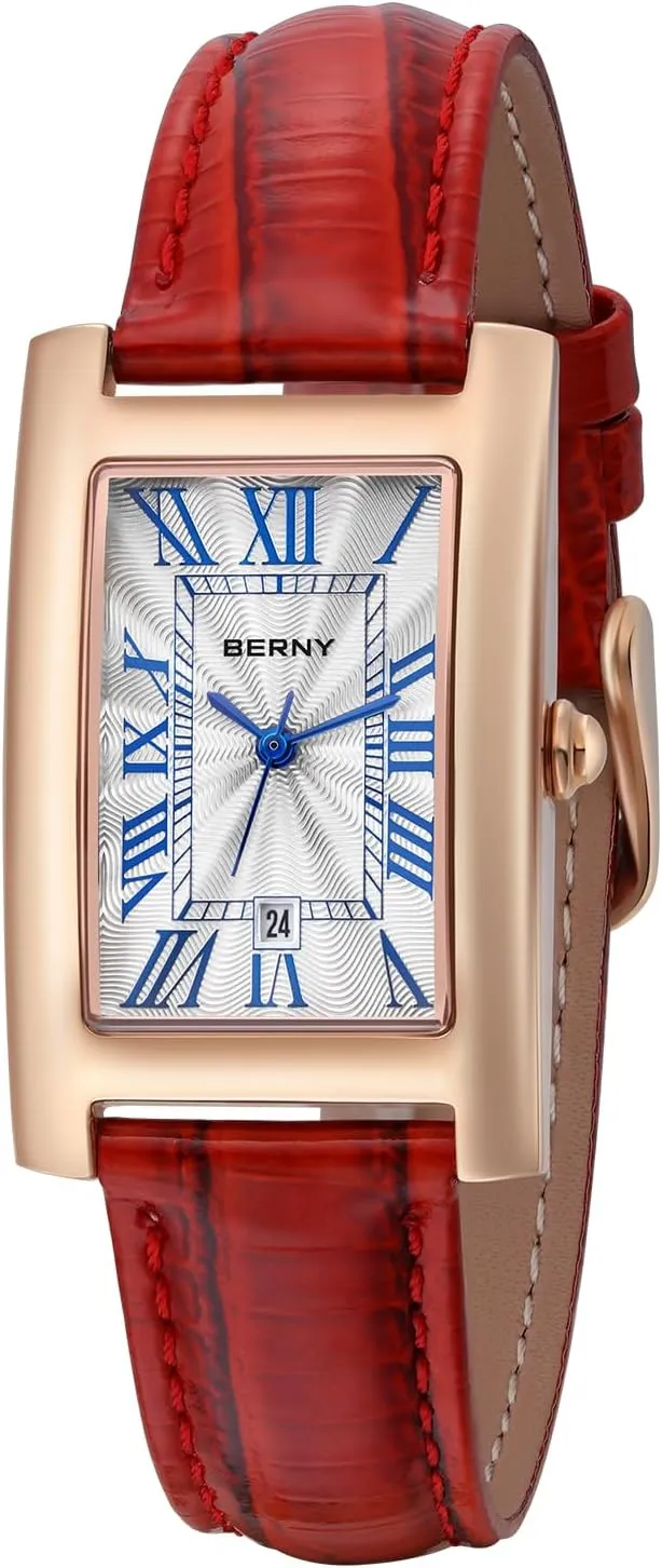 with for Women Classic Roman invisible hypocritical Numeral Markers Ladies' Casual Analog Wristwatch with Date Calendar Waterproof Genuine Leather Strap BERNY Rectangular Quartz Watch 