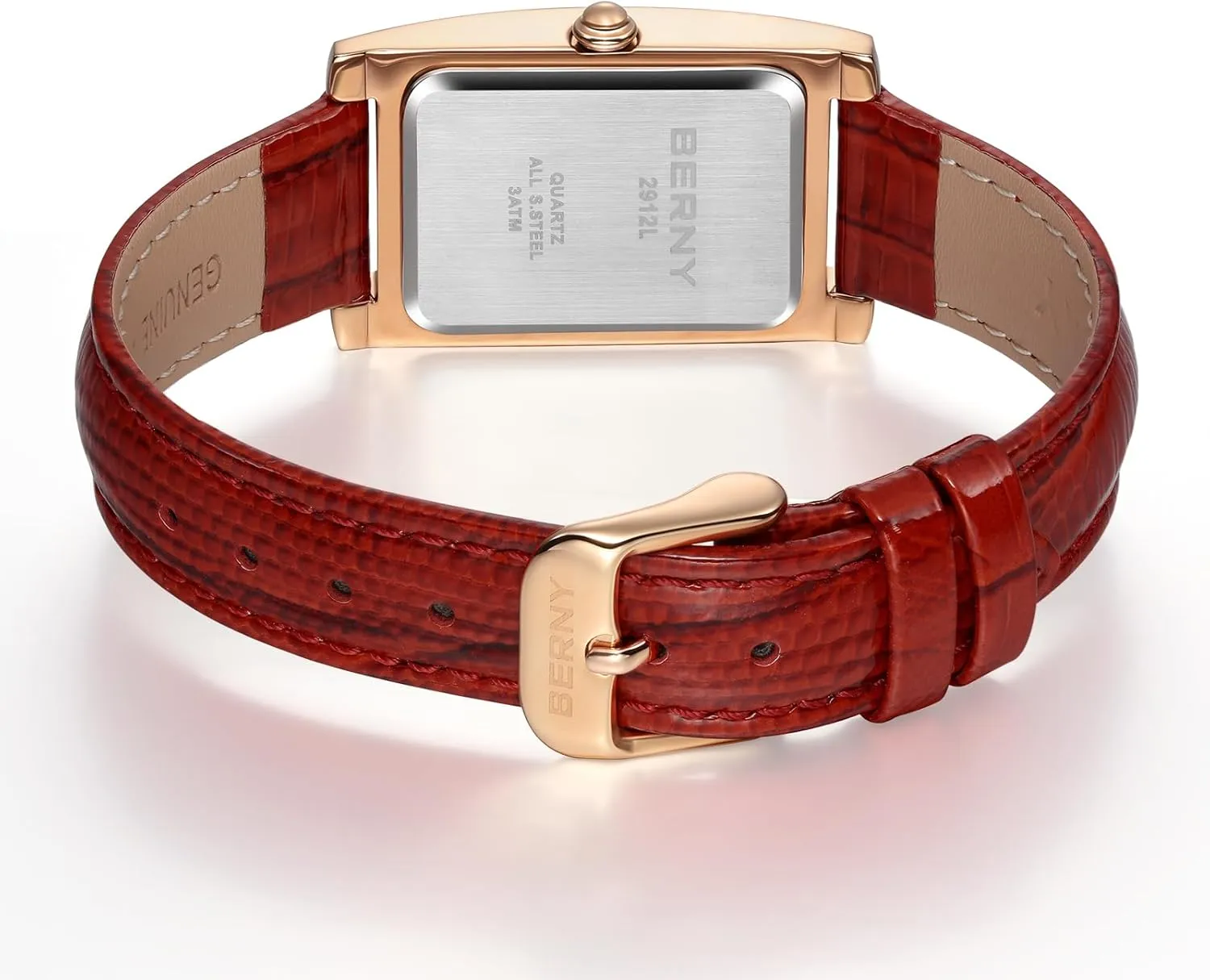 with for Women Classic Roman invisible hypocritical Numeral Markers Ladies' Casual Analog Wristwatch with Date Calendar Waterproof Genuine Leather Strap BERNY Rectangular Quartz Watch 
