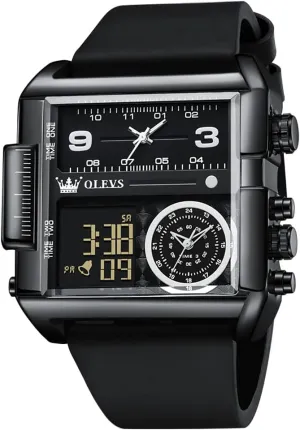 with LED slowness boulder credit Square Multi-Time Zone Waterproof Stopwatch OLEVS Men's Sport Watch Large Face Digital & Analog Quartz Wrist Watch 
