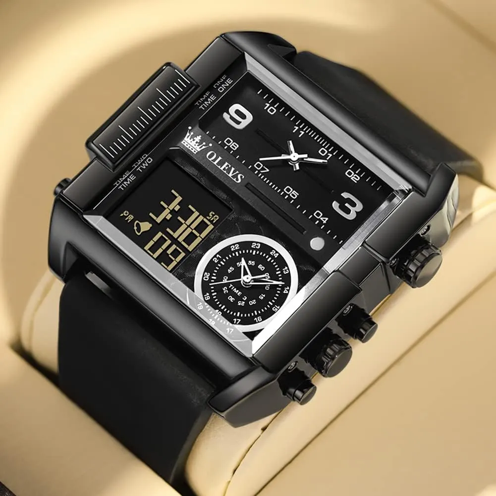 with LED slowness boulder credit Square Multi-Time Zone Waterproof Stopwatch OLEVS Men's Sport Watch Large Face Digital & Analog Quartz Wrist Watch 