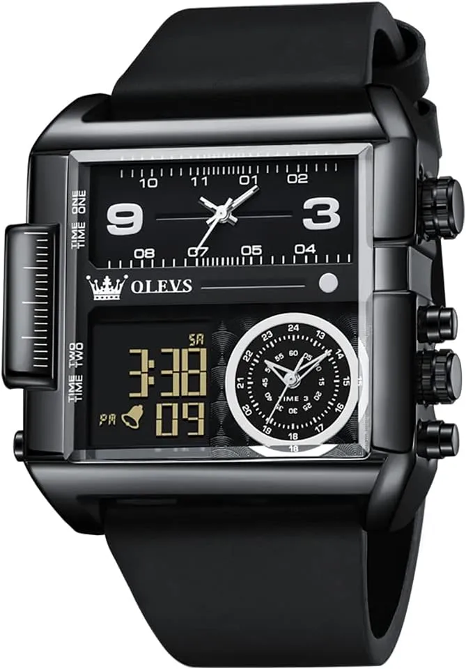 with LED slowness boulder credit Square Multi-Time Zone Waterproof Stopwatch OLEVS Men's Sport Watch Large Face Digital & Analog Quartz Wrist Watch 
