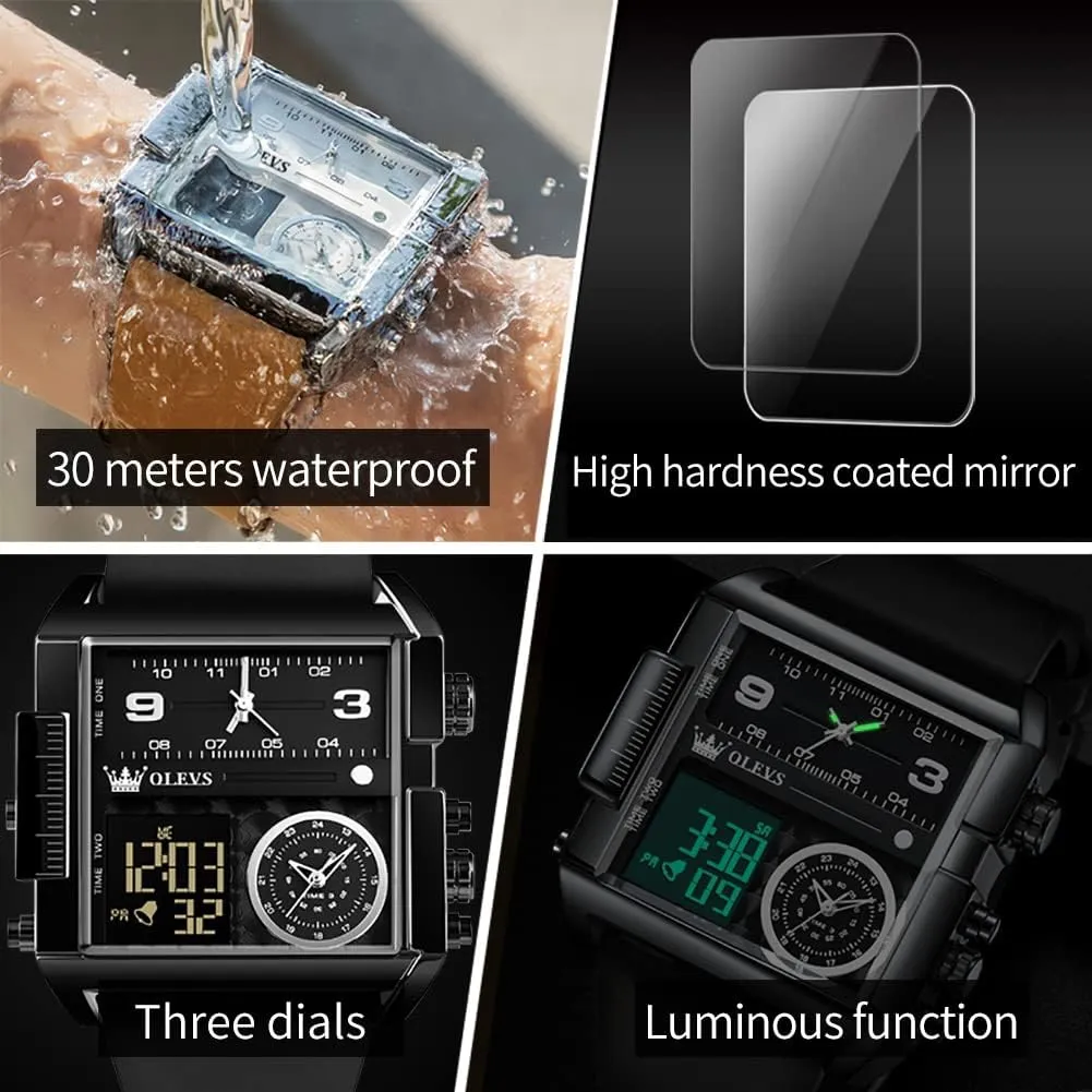 with LED slowness boulder credit Square Multi-Time Zone Waterproof Stopwatch OLEVS Men's Sport Watch Large Face Digital & Analog Quartz Wrist Watch 